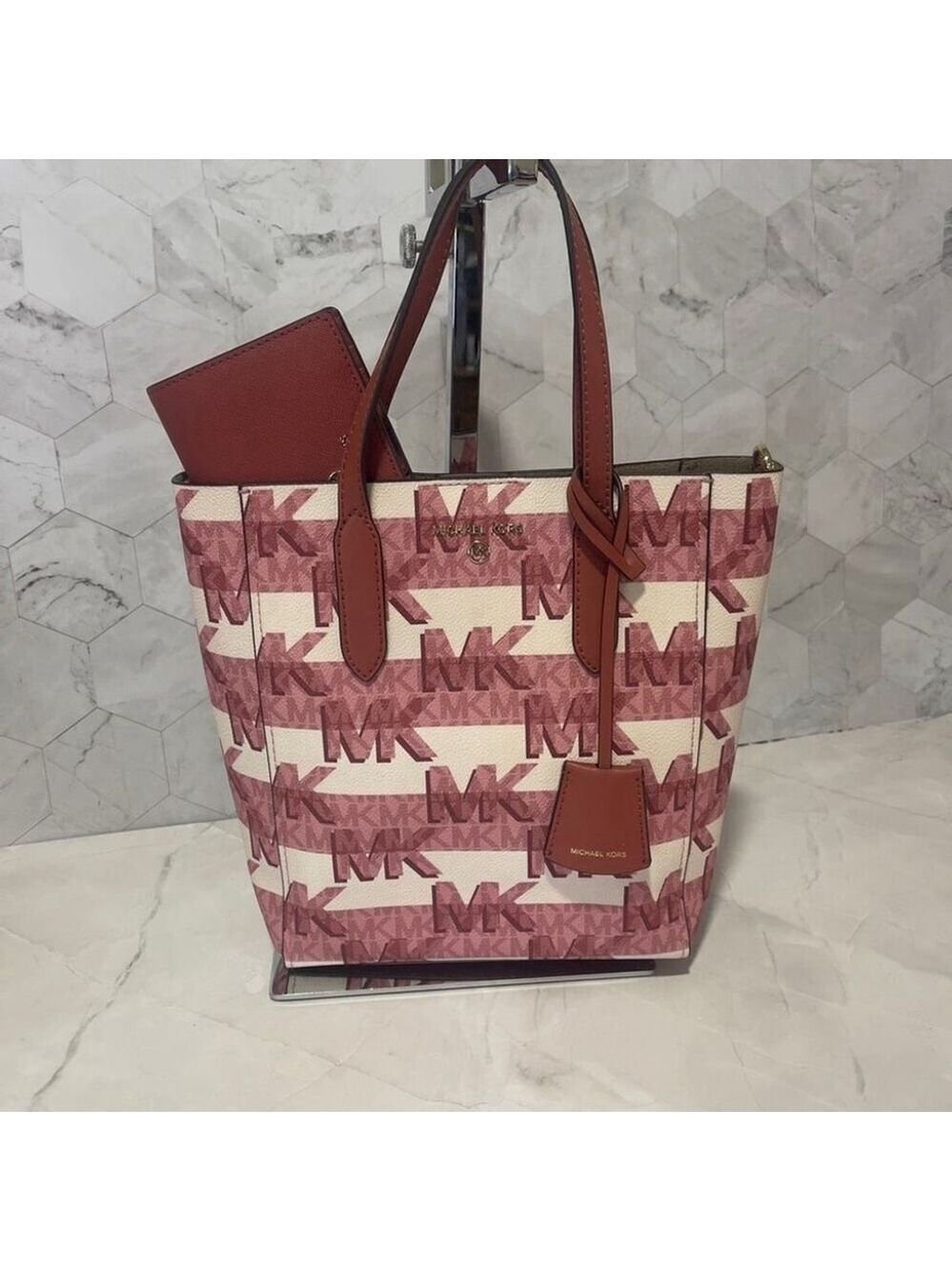 Michael Kors Sinclair Logo Shopper Tote & Matching Wallet Cinnamon Pink Cream - Picture 10 of 11